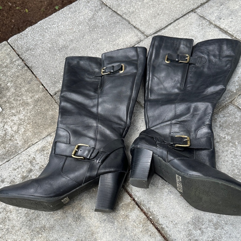 Clarks Black Leather Heeled Boots with Buckle